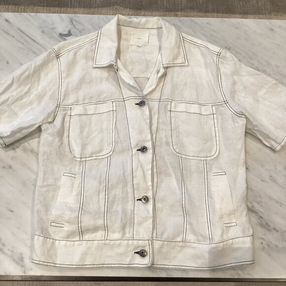 White Linen Short-Sleeved Jacket With Black Stitching - Medium - Picture 1 of 7